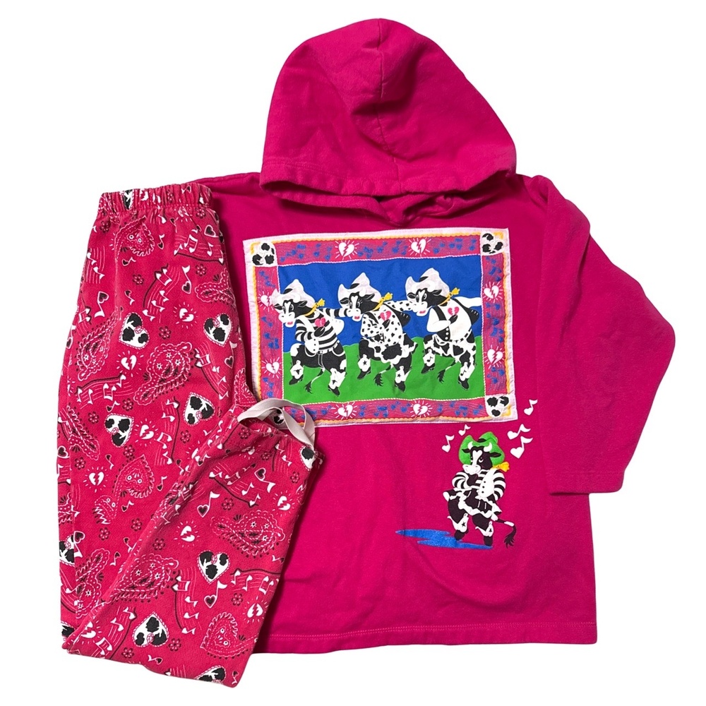 Vtg Spumoni Pink Hoodie Set‎ Dancing Cows Graphic Bandana print Stirrup Pants 14